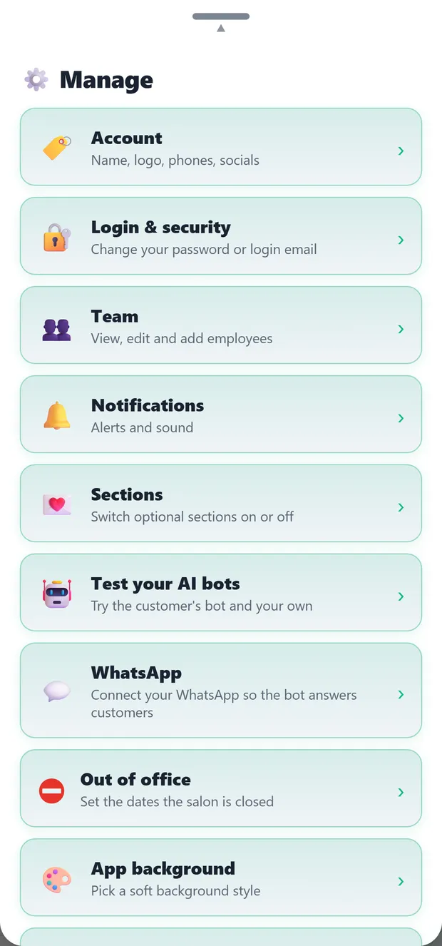 Settings menu